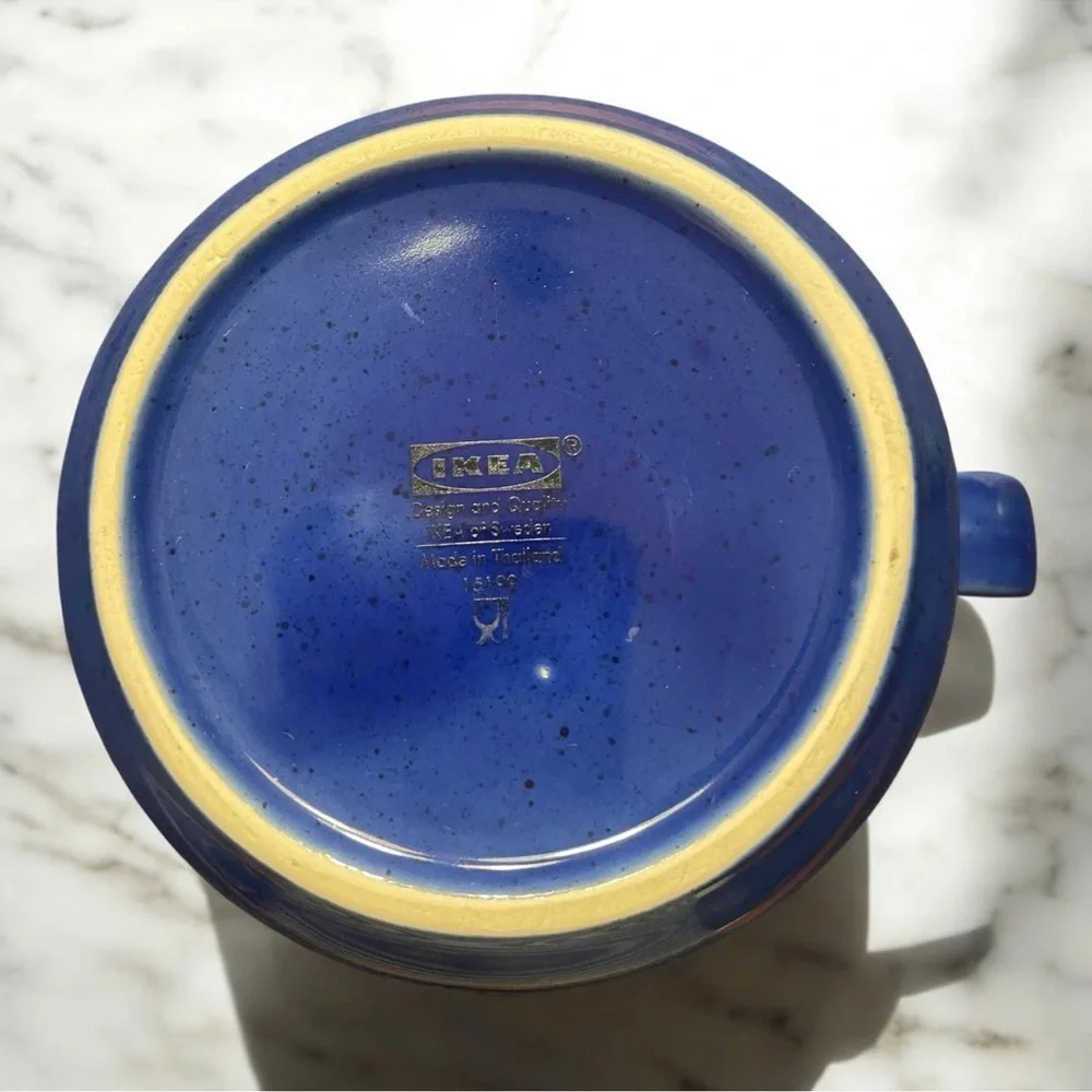 IKEA Fargrik Pitcher Dark Blue 4” Jug Creamer 15199 Brown Rim Black Speckles